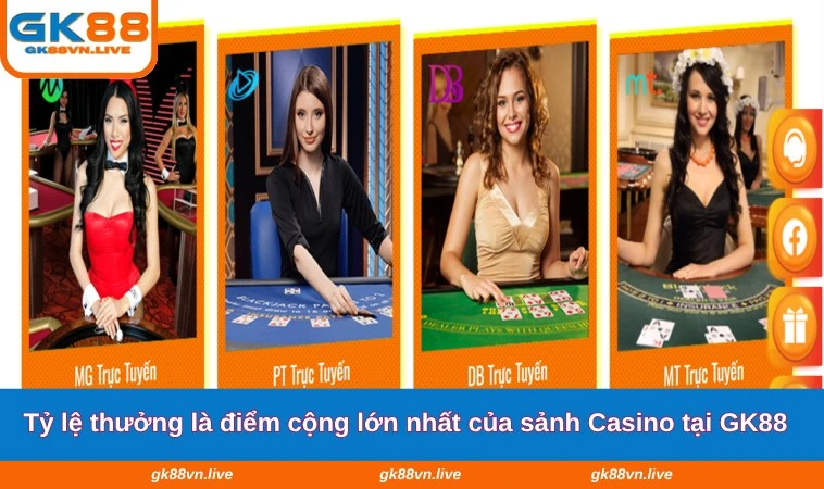 Tỷ lệ thưởng là điểm cộng lớn nhất của sảnh Casino tại GK88