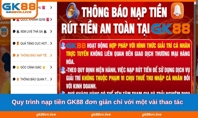 Quy trình nạp tiền GK88 đơn giản chỉ với một vài thao tác